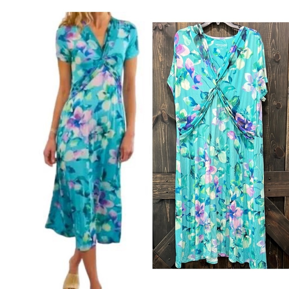 Soft Surroundings Savior Twist Midi Dress 1X Floral Aqua Blue Boho Flowy Relaxed
